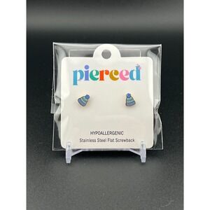 Pierced Blue Green Beanie Hat Stud Earrings Stainless Steel Screwback
